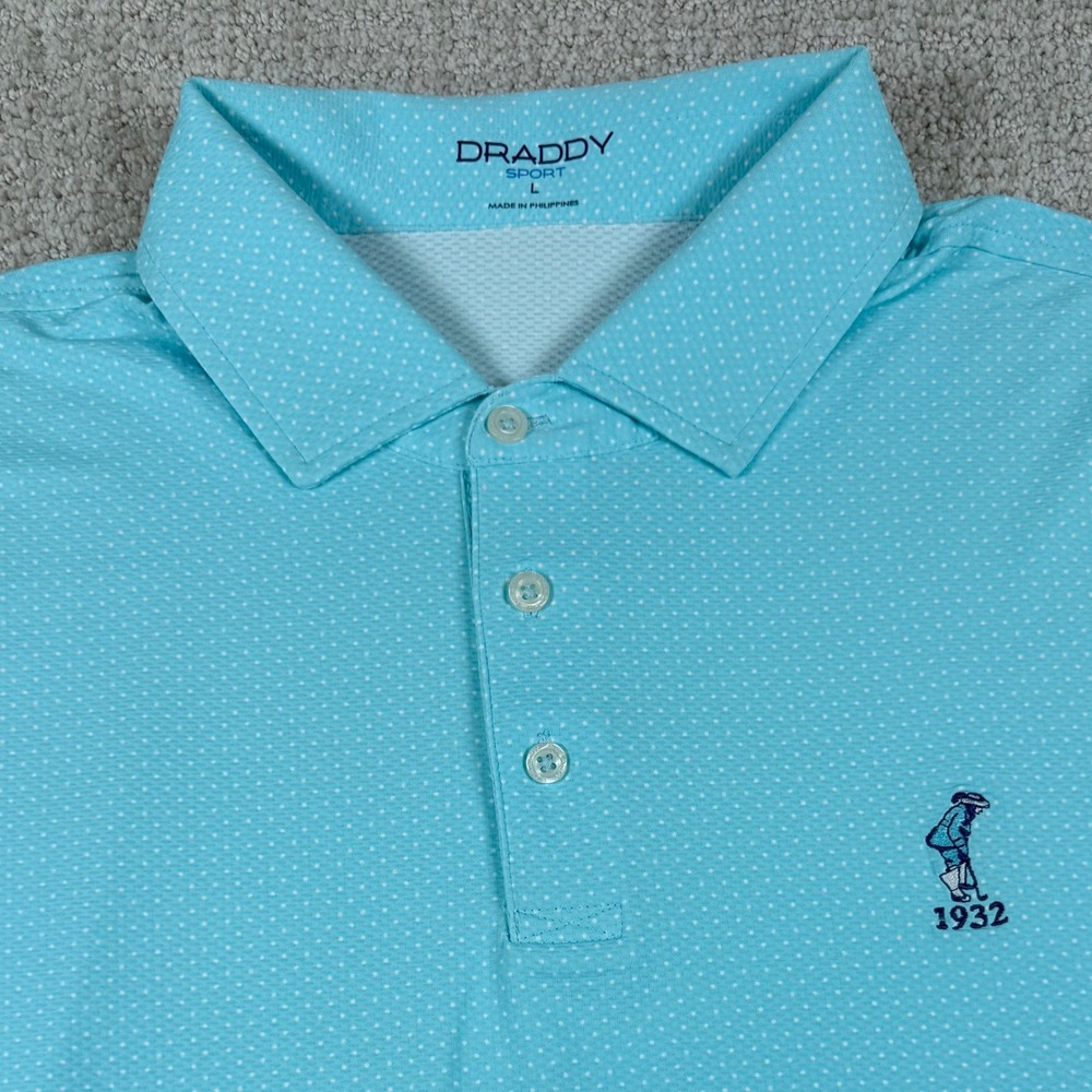 B Draddy Sport Mens Large Blue Polka Dot Performance Golf Polo Shirt